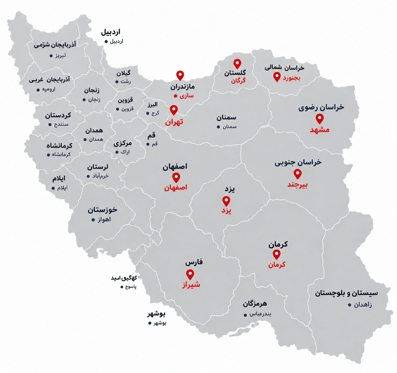 نقشه ایران با نام استانها و شهرها؛ نمایندگیهای حجازی از جمله کرمان با نشان قرمز مشخص شدهاند.